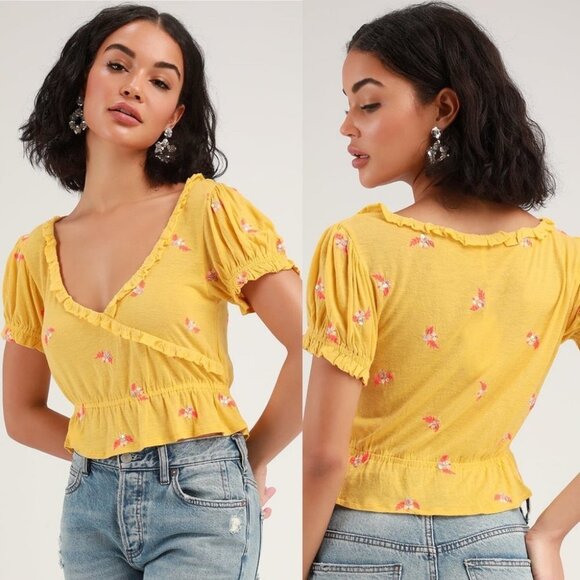 Nwt Free People Full Bloom Ruffle Top Yellow Linen Size Medium New With Tags M - Picture 5 of 9
